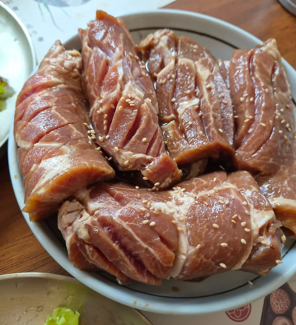 Pork galbi with the seasoning soaked in moist and deep