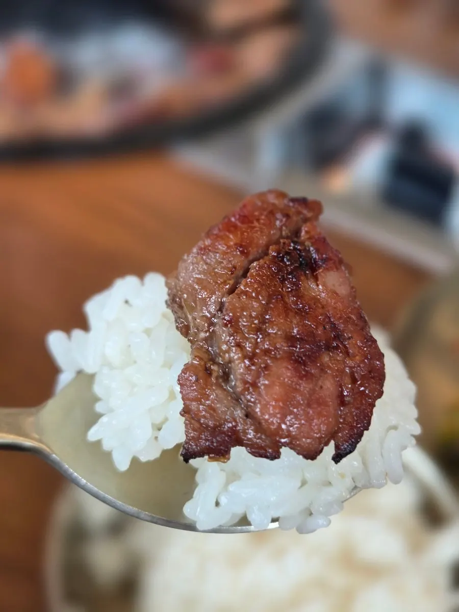 Seasoned pork grill enjoyed with a bowl of rice