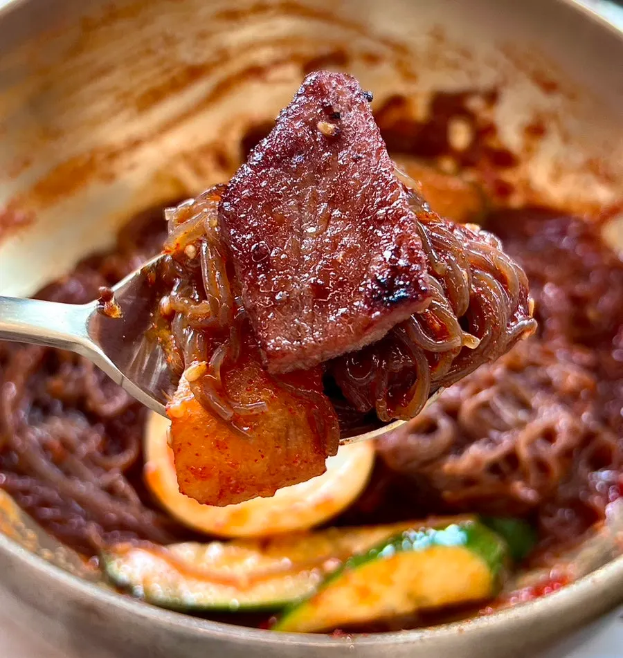 Charcoal-grilled pork galbi wrapped with bibim-naengmyeon