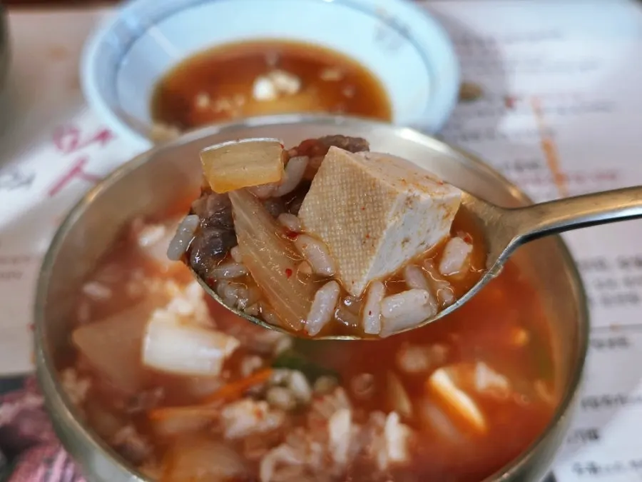Doenjang jjigae with tofu and onion, served with rice