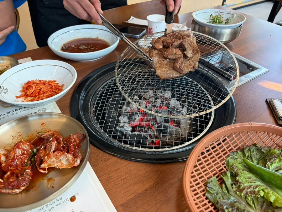 Table spread with pork galbi and banchan