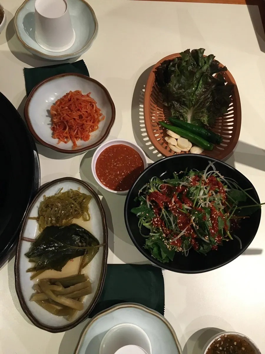 Basic table setting and side dishes at Okryeon Galbi