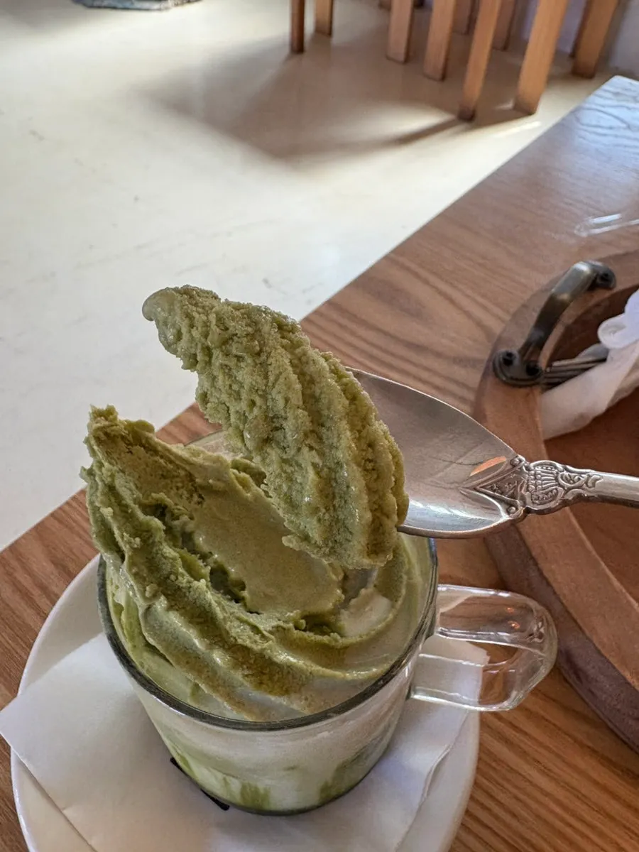 Matcha ice cream on top of Cafe Pomun's summer matcha