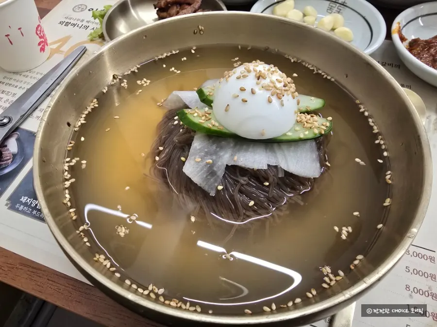 A bowl of mul naengmyeon ordered after the meat