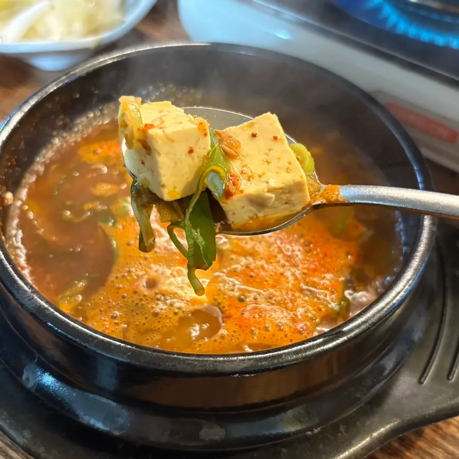 Inside the doenjang jjigae showing tofu and vegetables
