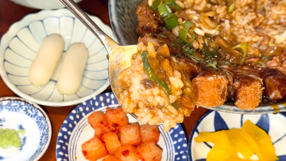 Cross-section of the curry with crispy pork loin cutlet