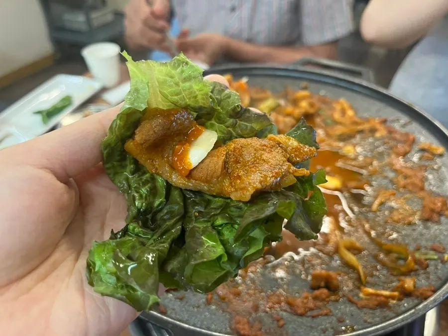고추장주물럭 한 점 클로즈업