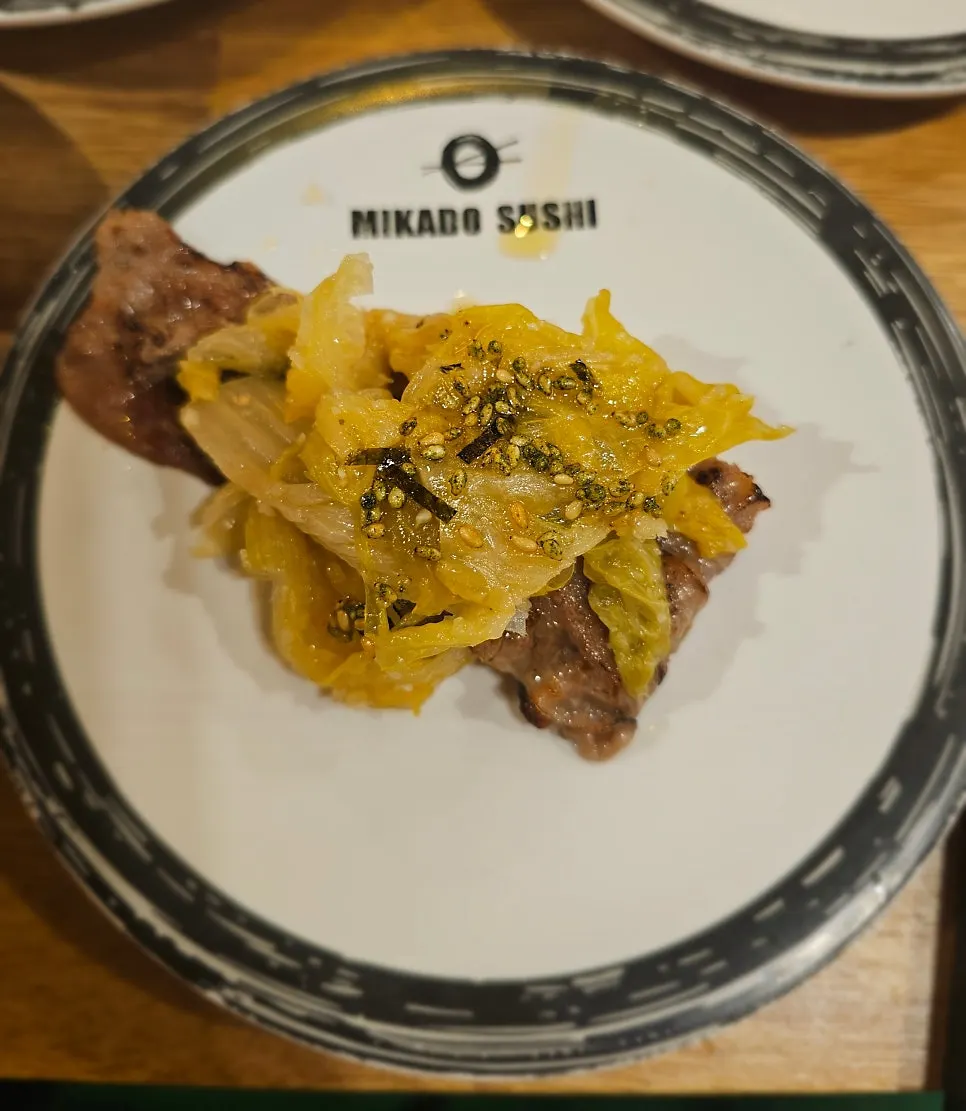 Grilled tuna with aged kimchi sushi
