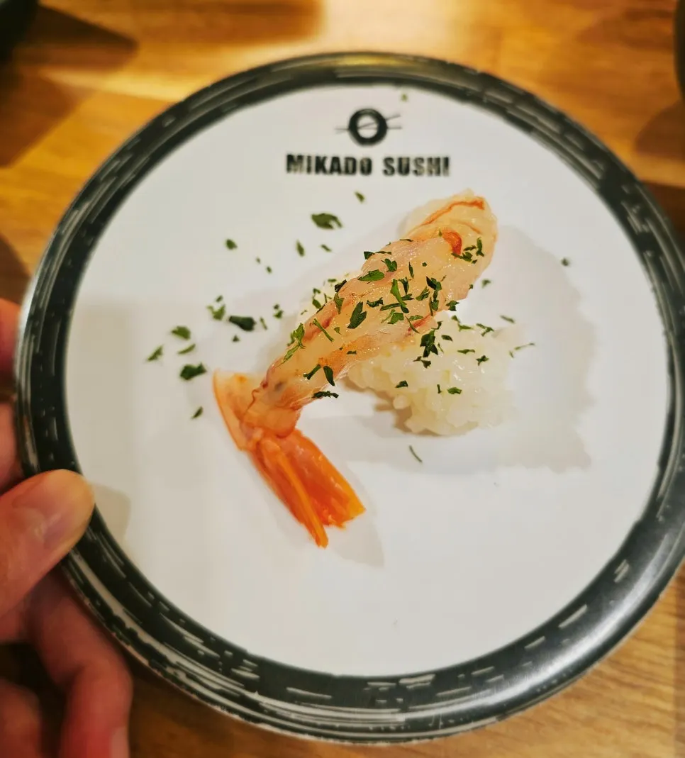 Close-up of red king shrimp sushi with its natural sweetness