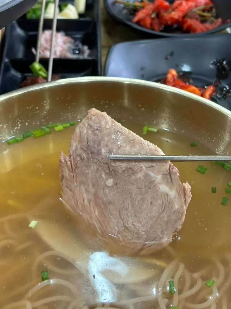 Meat garnish on top of the pyongyang naengmyeon