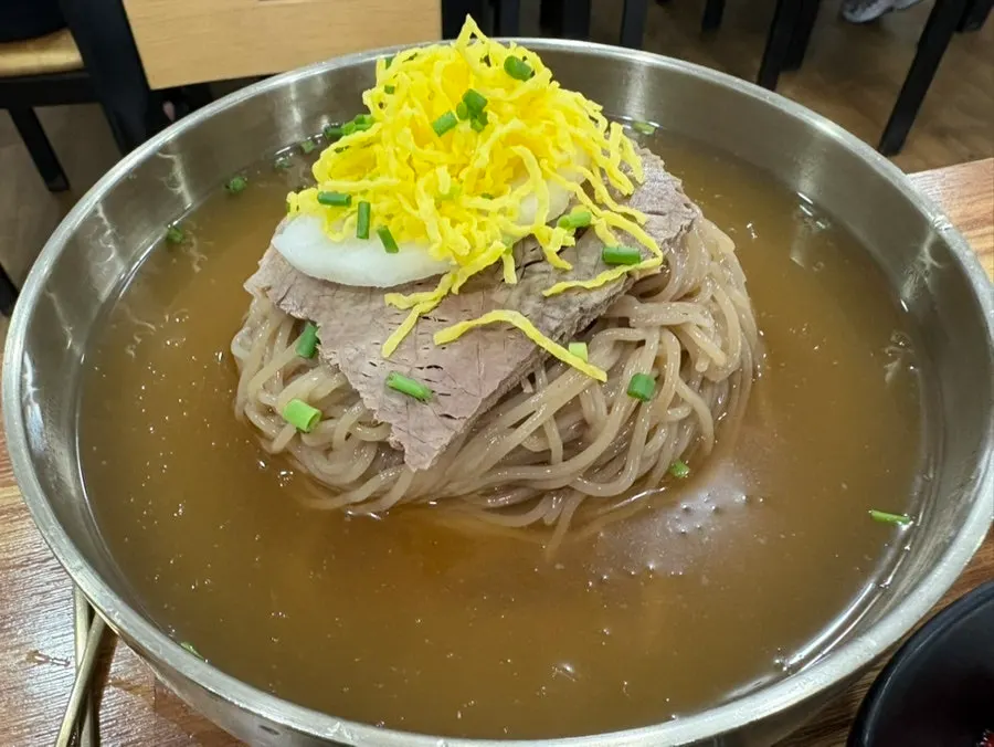 A bowl of pyongyang naengmyeon topped with garnish