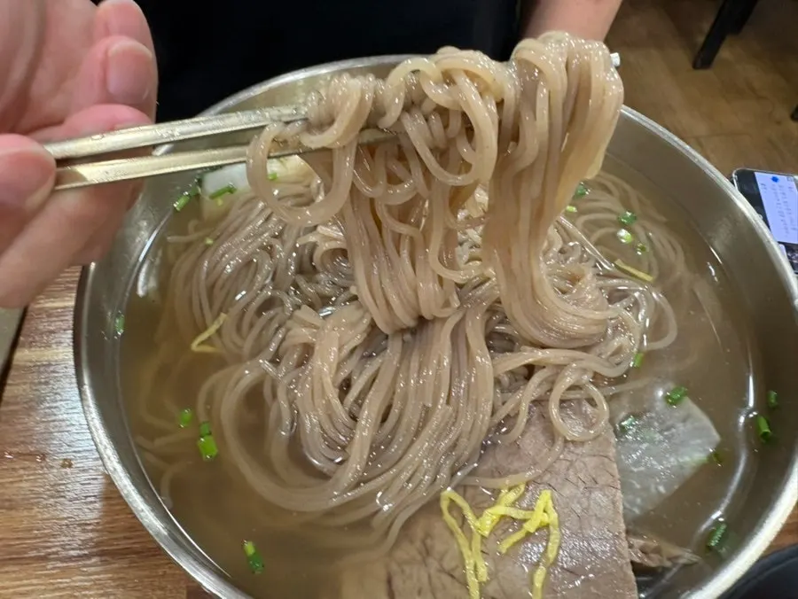 Pyongyang naengmyeon noodles lifted with chopsticks