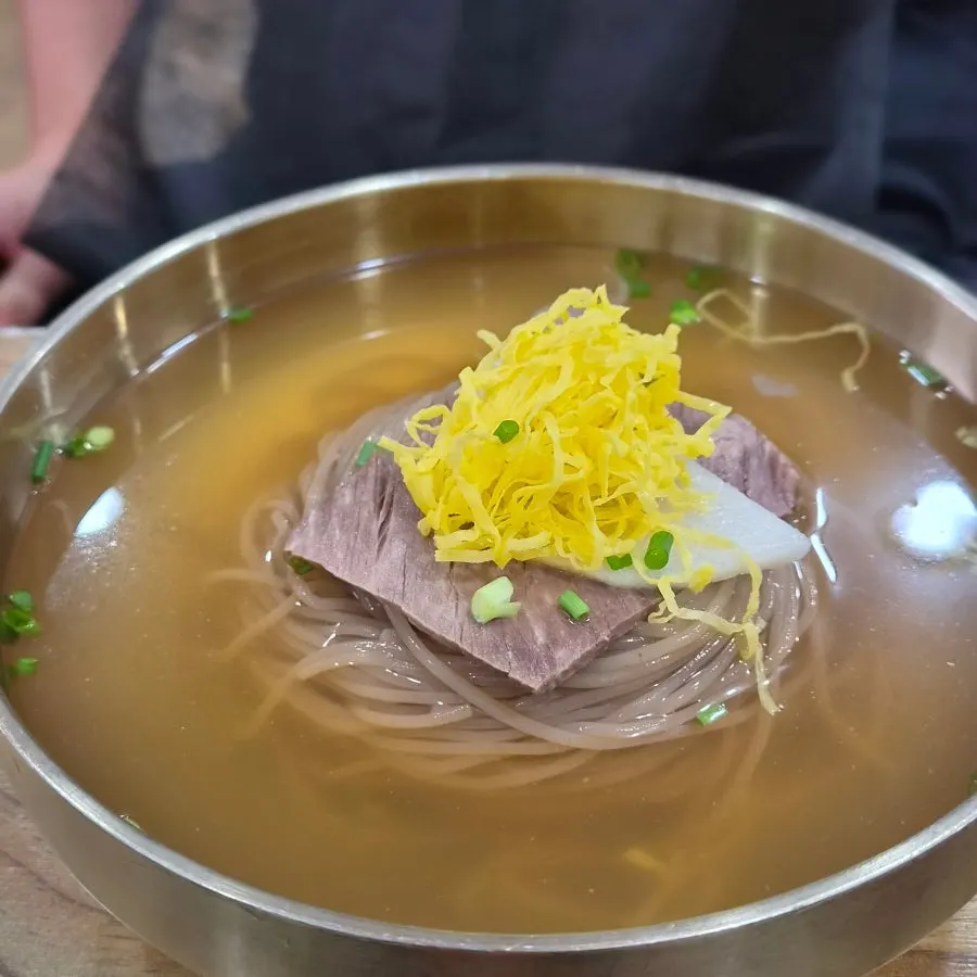 맑은 육수에 고기와 계란지단을 올린 평양냉면