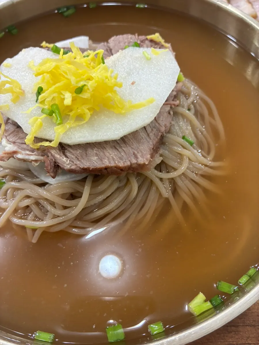 Bowl of large pyongyang naengmyeon topped with garnish