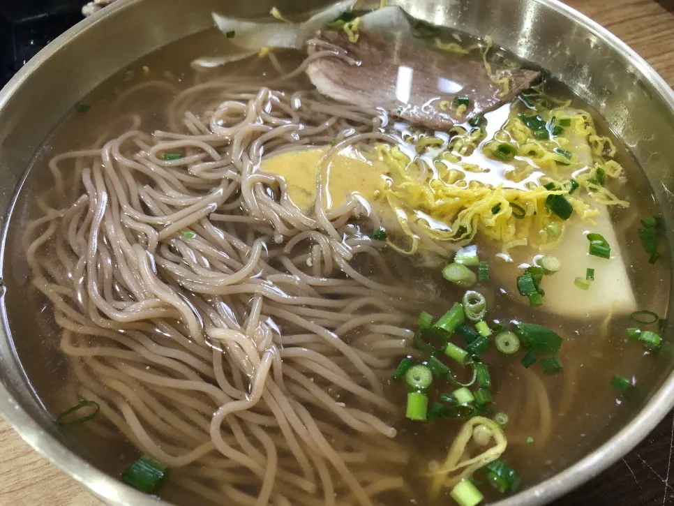 Close-up of pyongyang naengmyeon broth and noodles