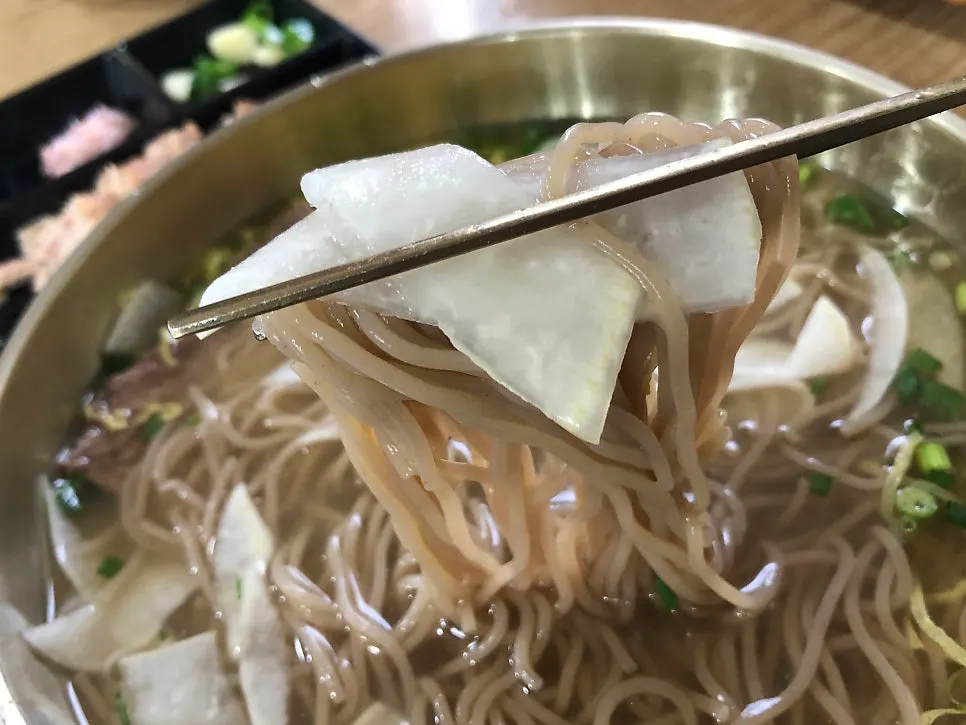 Pyongyang naengmyeon served with myeongtaehoe and pickled radish