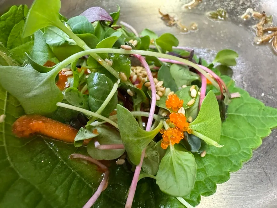 Perilla-wrapped vinegar seafood salad
