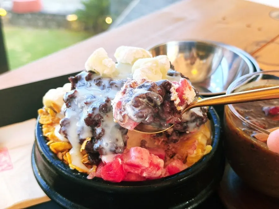 Shaved ice generously topped with house-boiled red bean
