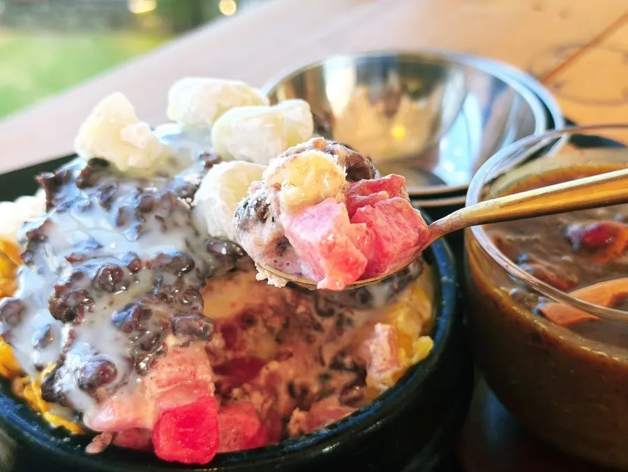 Close-up of handmade patbingsu with visible red bean texture