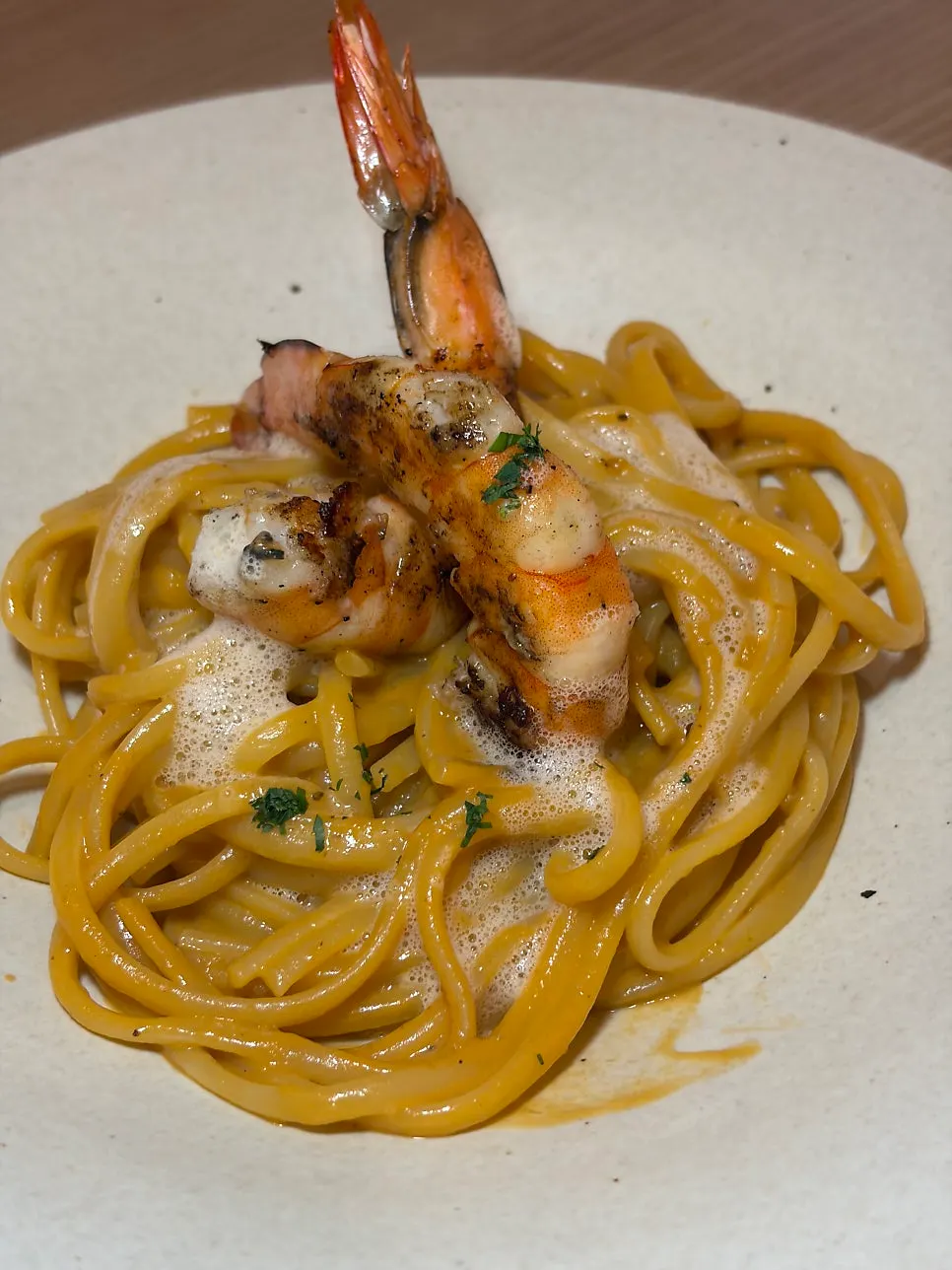 Bisque pasta topped with champagne foam