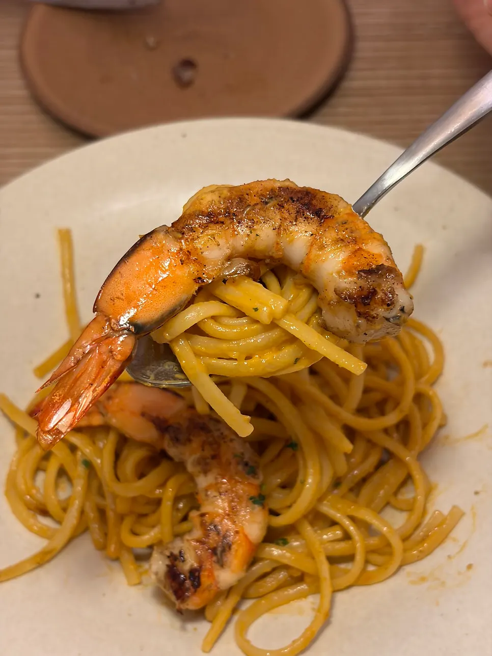 Close-up of bisque pasta noodles and shrimp