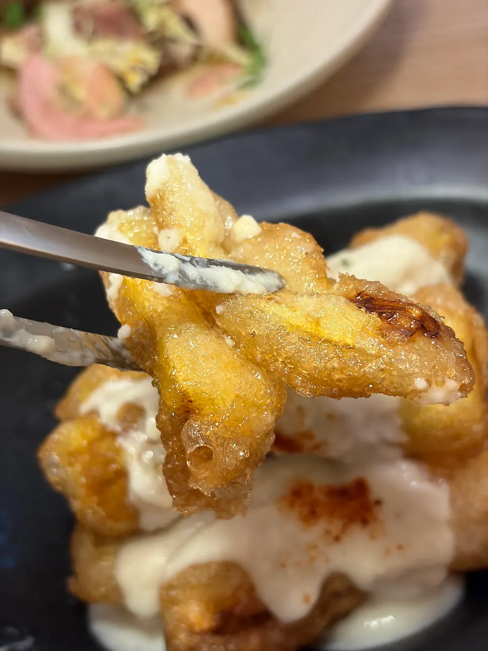 Close-up of crispy fried eggplant