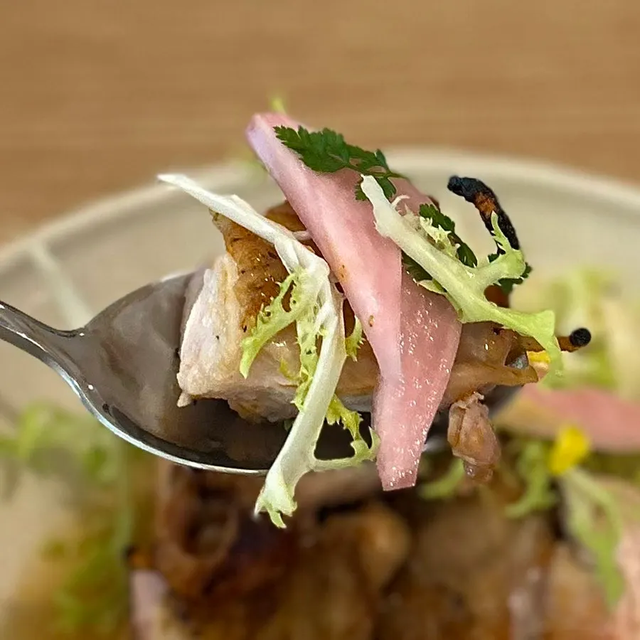 Yuzu grilled chicken thigh eaten with salad on top
