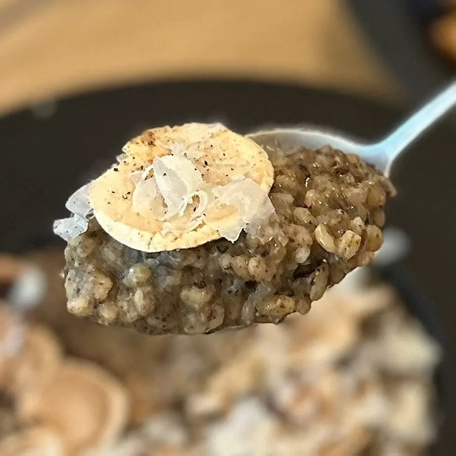 A spoonful of risotto with firm rice grains