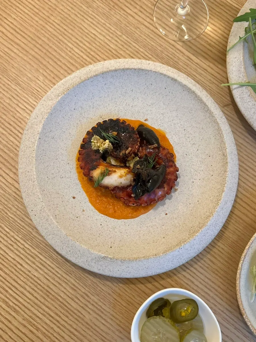 Plate of charcoal-grilled octopus with romesco sauce