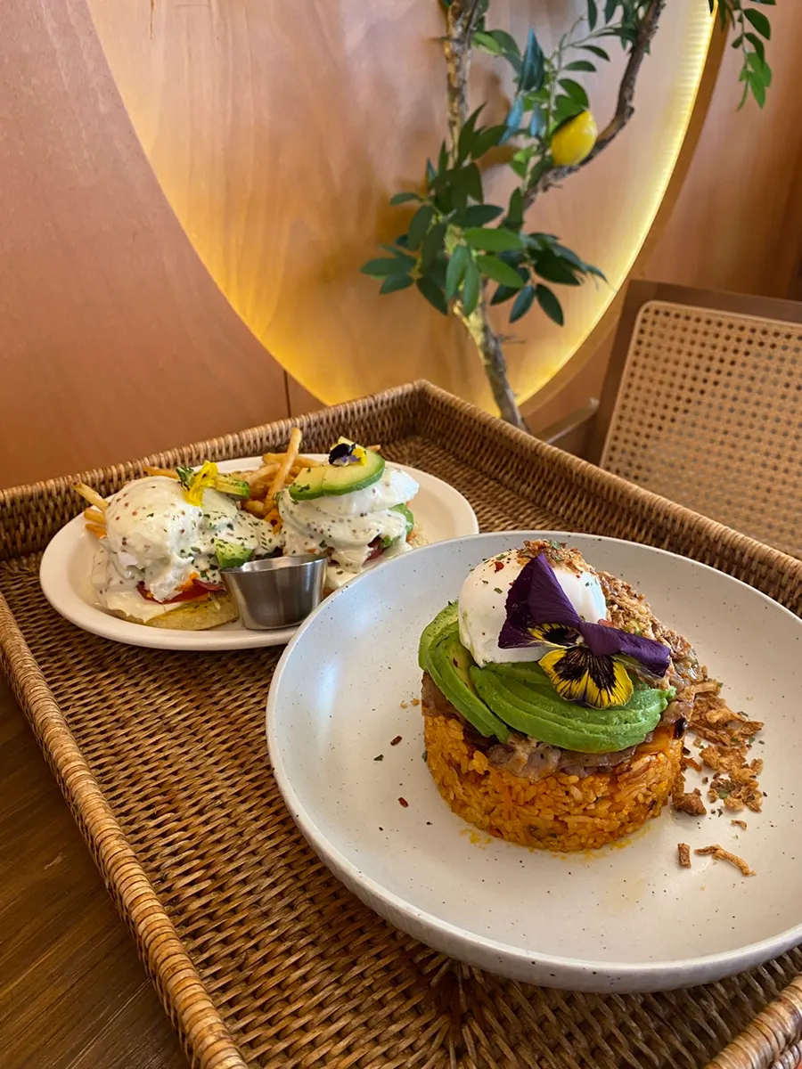 Two brunch plates topped with avocado and poached egg