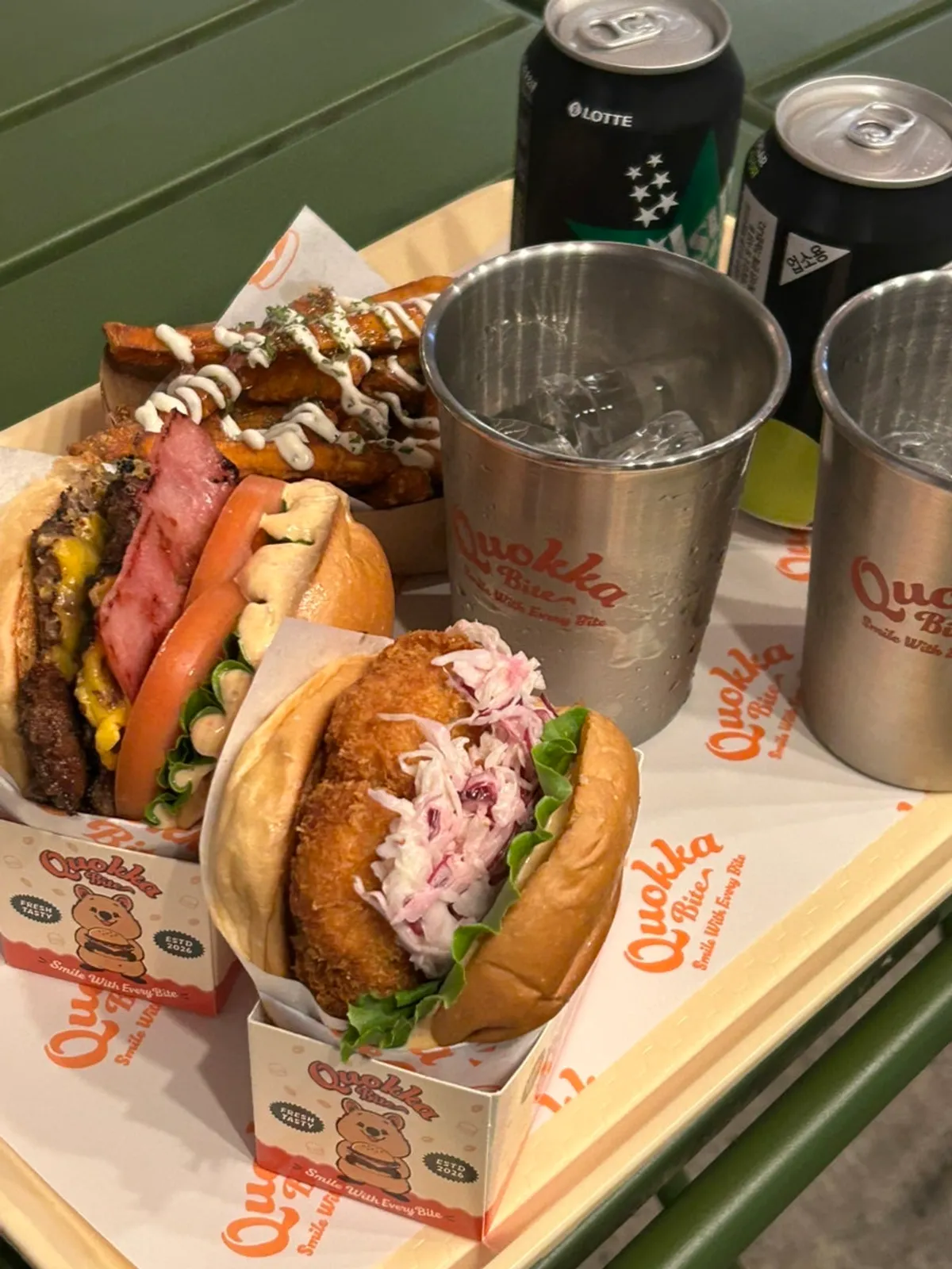 Freshly served burger set with sweet potato fries