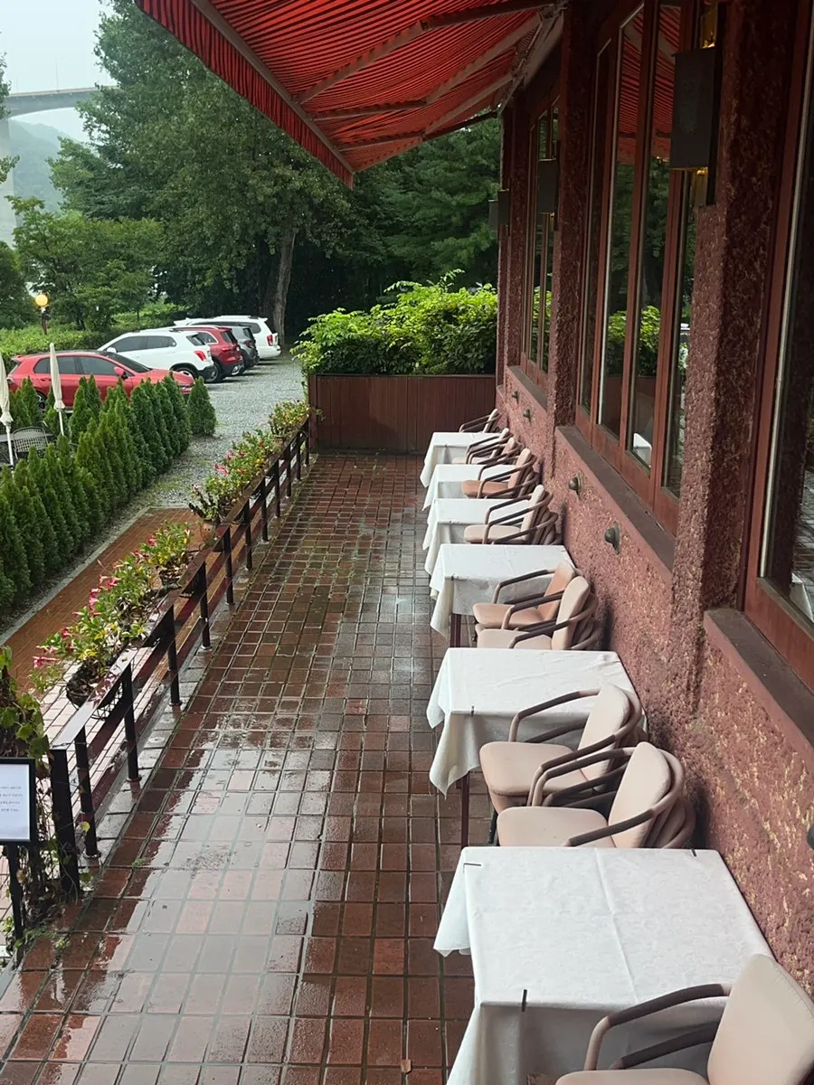 Rainy-day view of the walking path and riverside