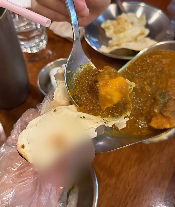 Close-up of chicken curry with large chunks of chicken