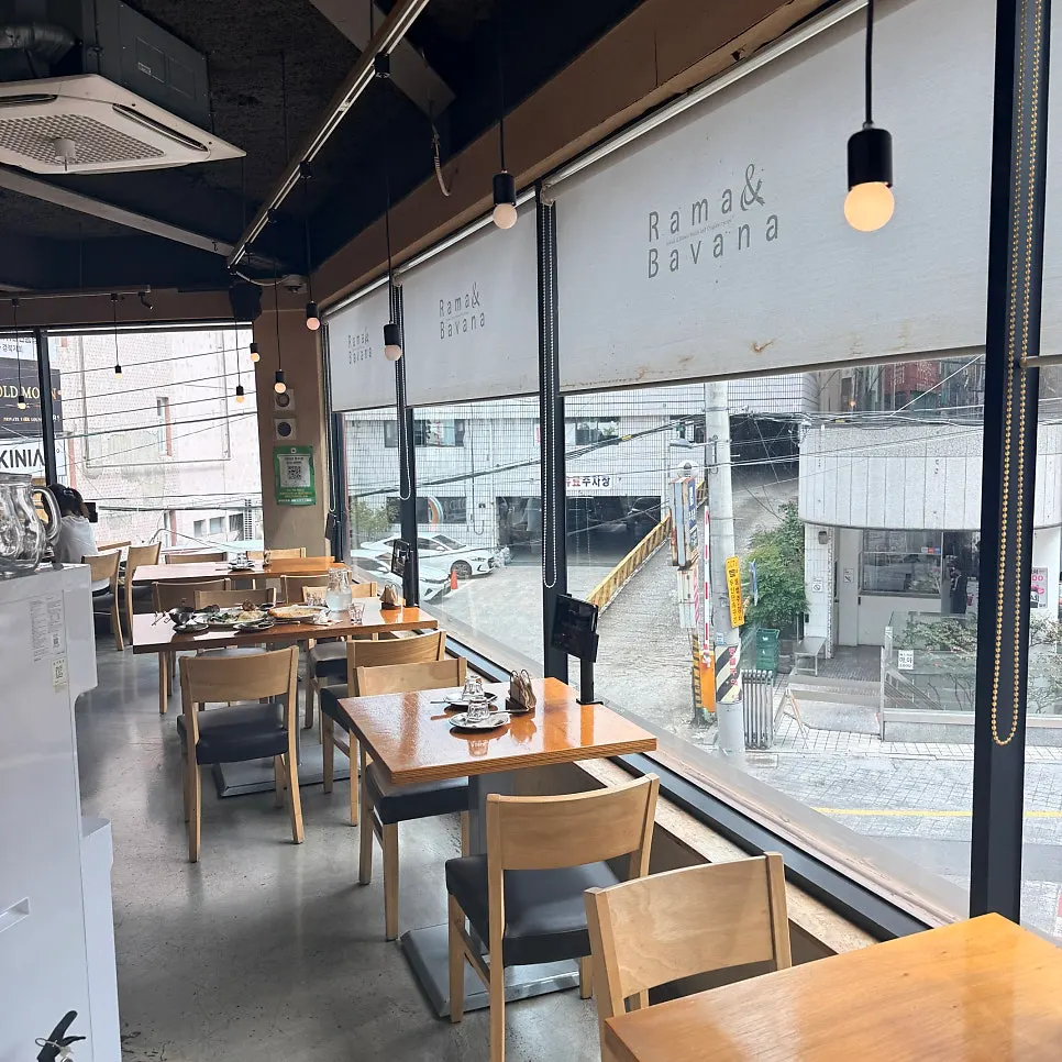 Restaurant interior with tables lined along a large window