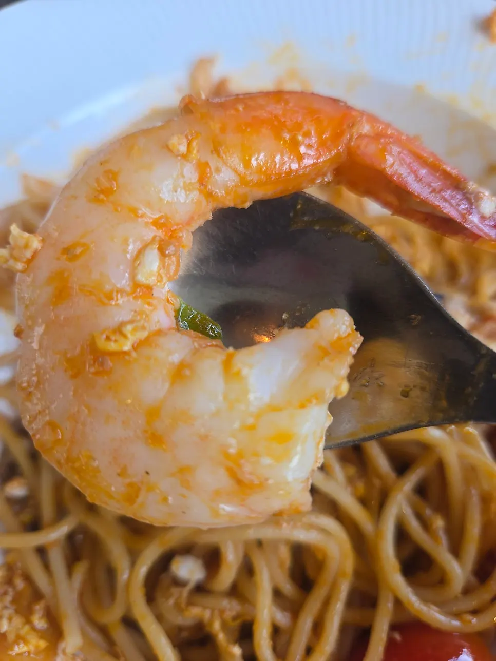 Mi goreng topped with hefty shrimp
