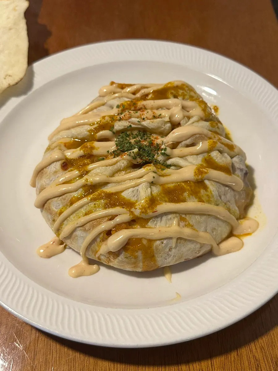 Nasi goreng wrapped in a chewy coating