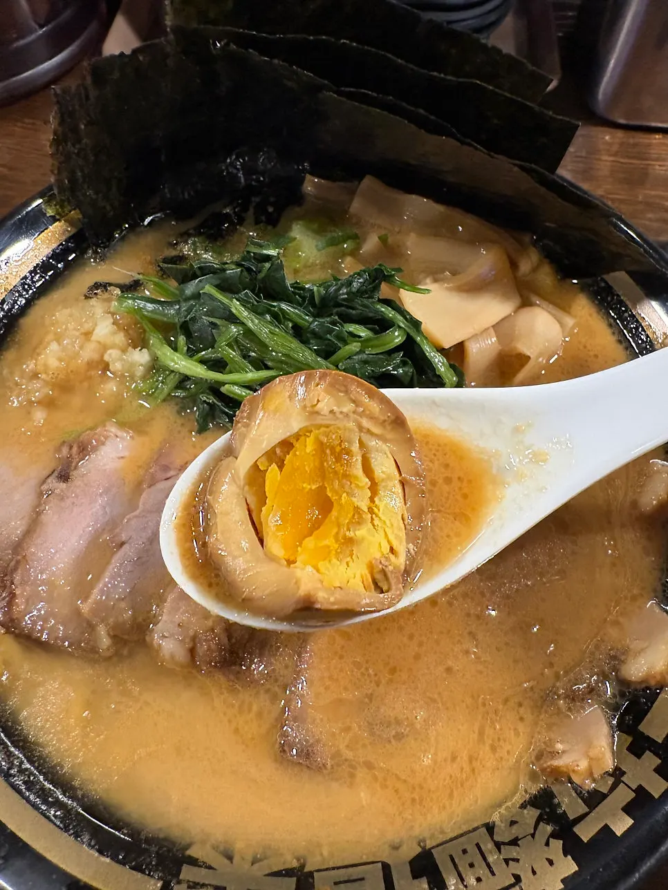 Close-up of the rich Ieke Ramen broth