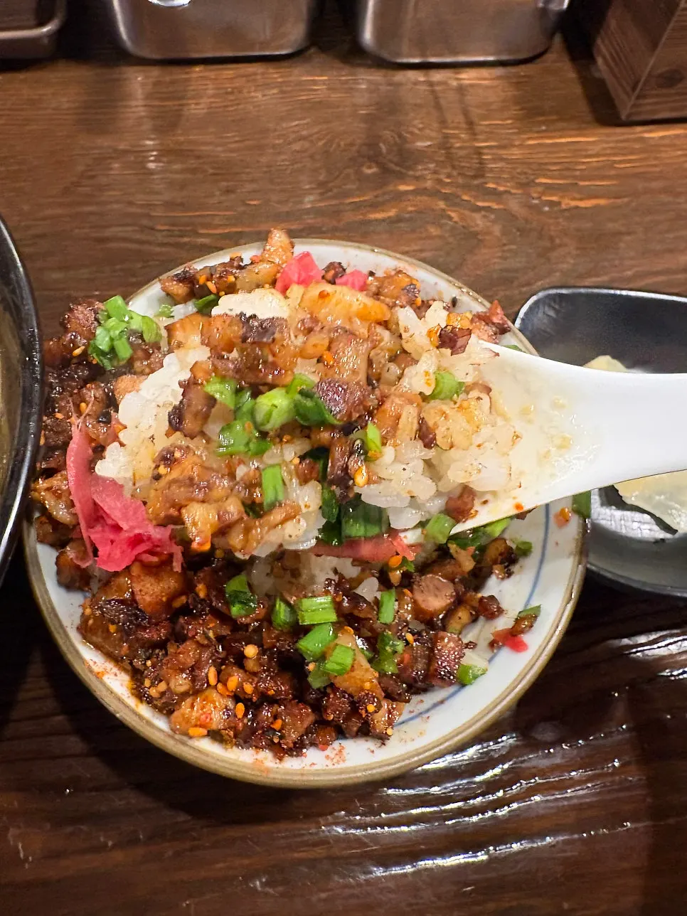 Mini chashu rice bowl topped with finely chopped chashu