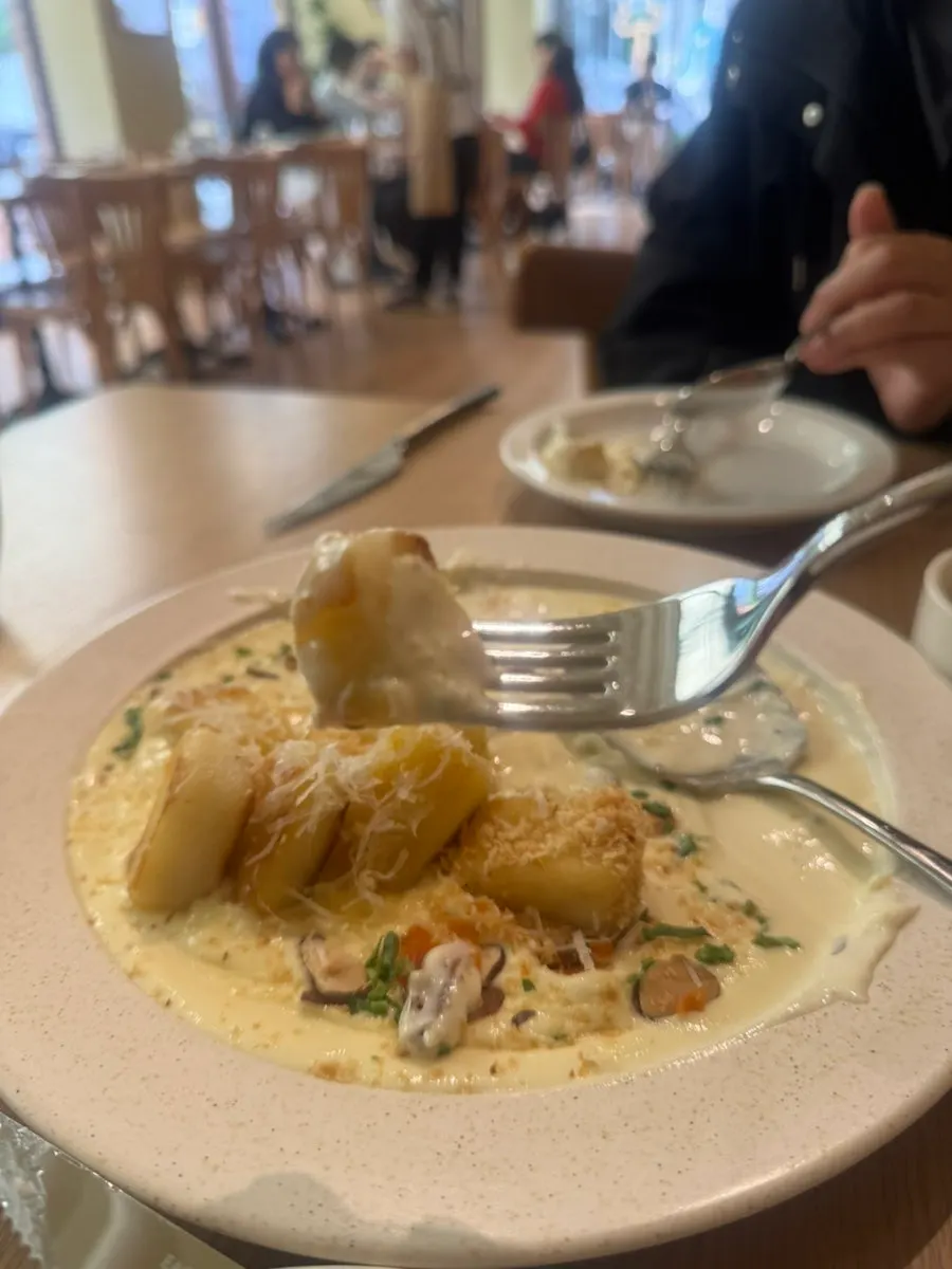 Potato gnocchi cut in half and coated with cream sauce
