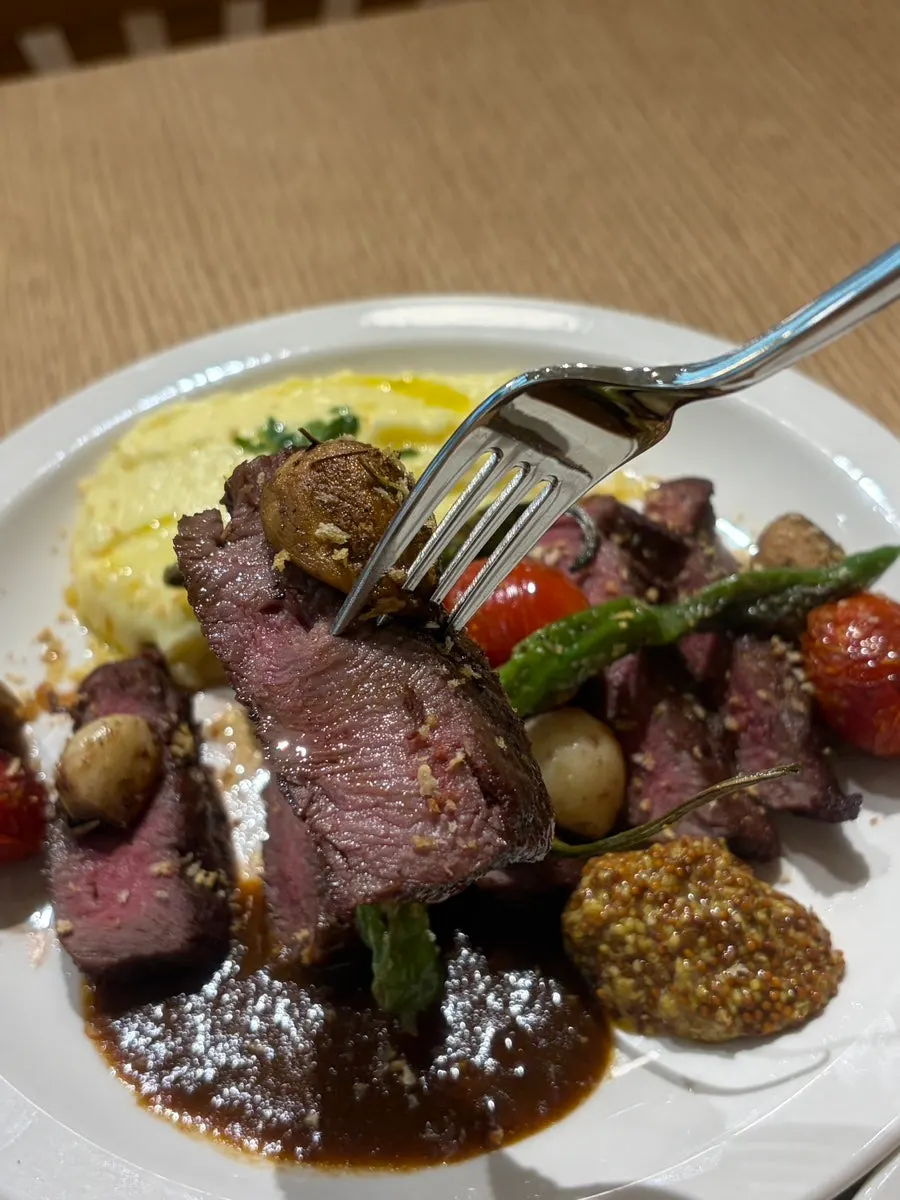 Close-up of steak and mashed potatoes
