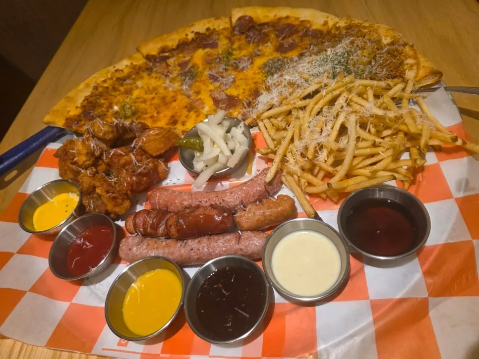 Full spread of the Raymond Set served on a checkered tray