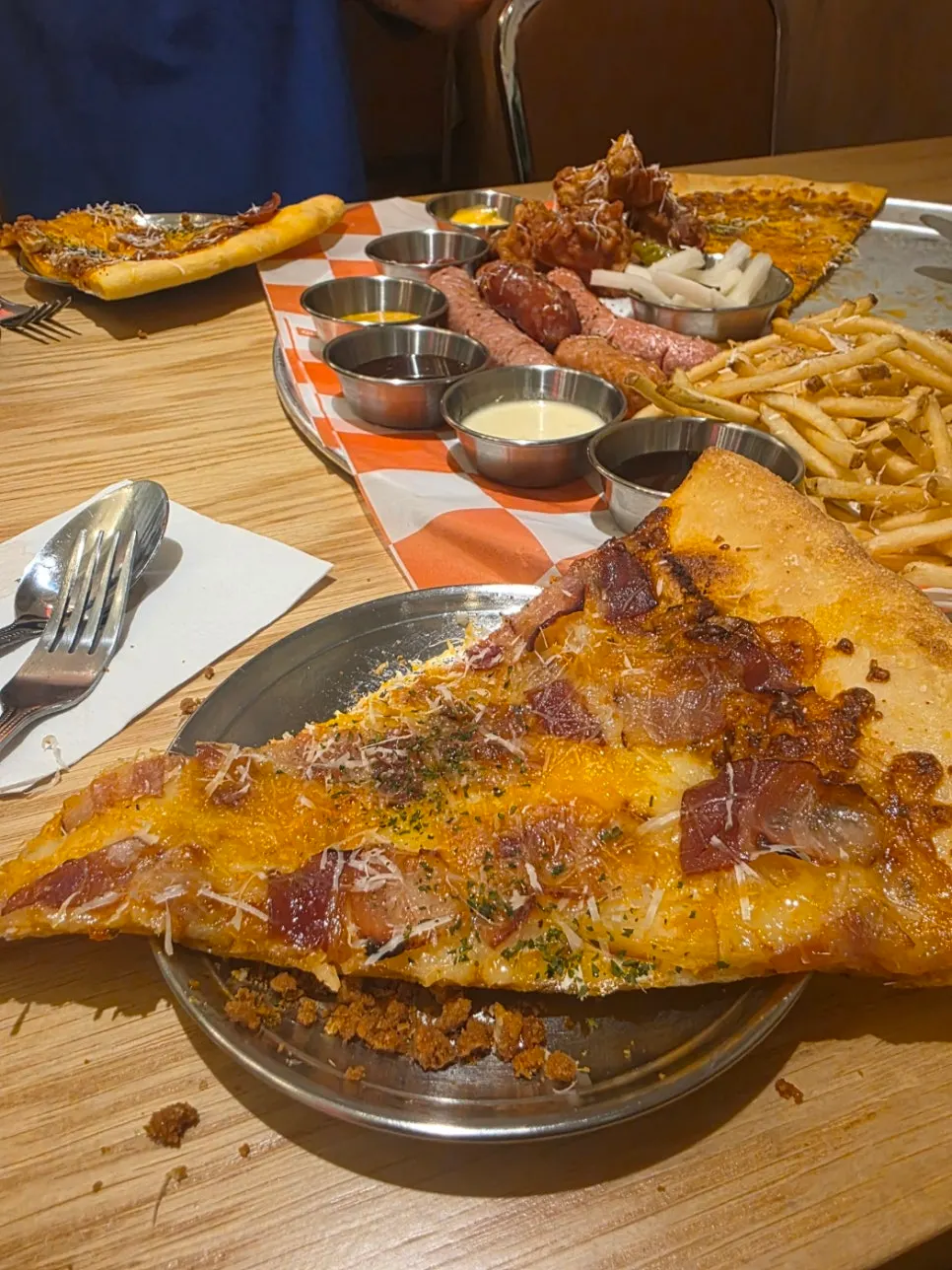 Cross-section of the pizza crust, crispy like a baguette