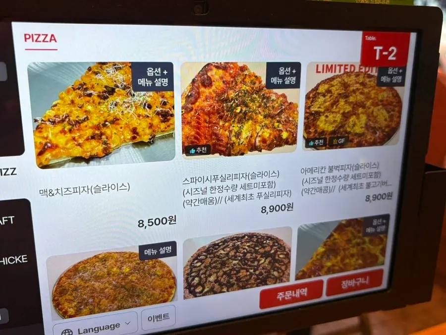 Menu board listing pizza varieties