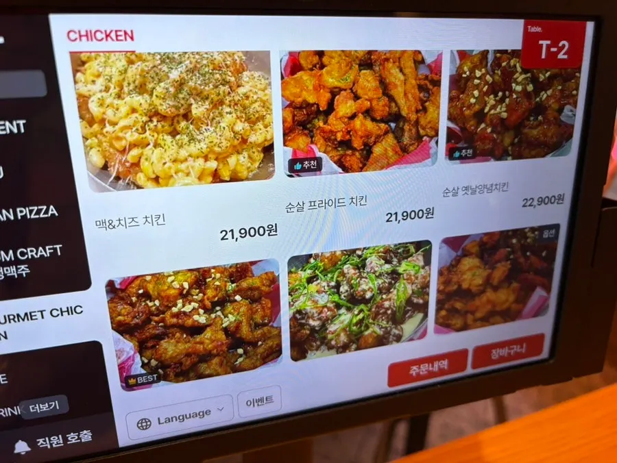 Menu board showing pizzas with various toppings