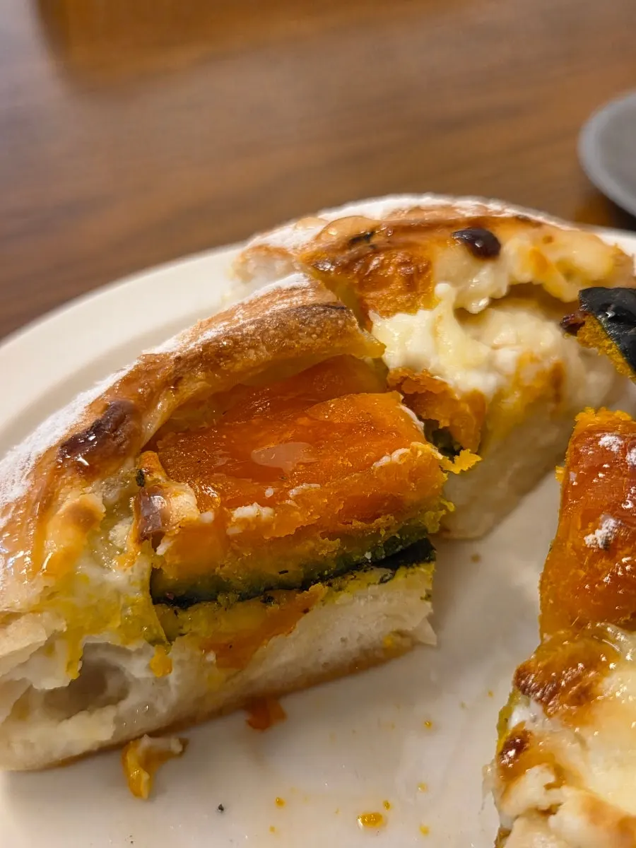 Cross-section of the sweet pumpkin ciabatta cut in half