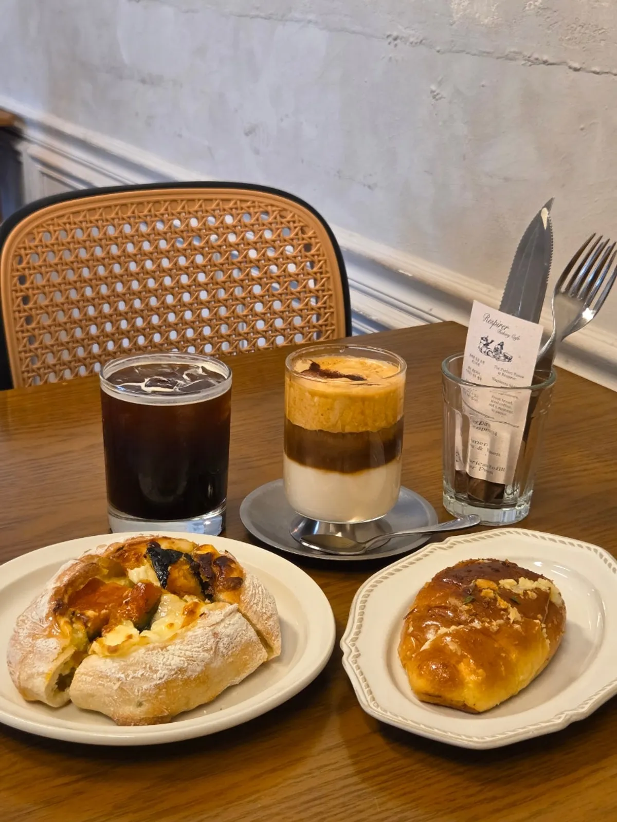 Table shot of drinks and salt bread at Respire Bakery Cafe Seochon