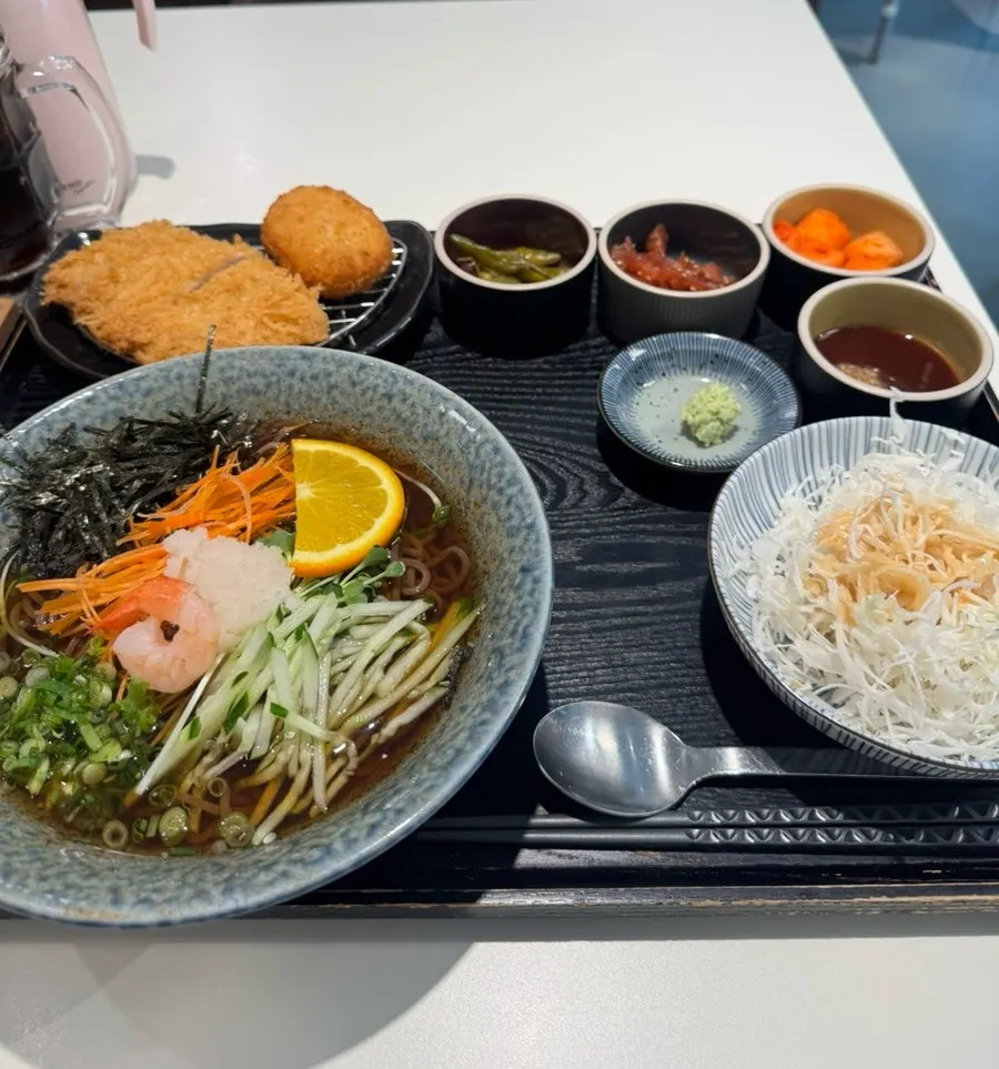 Cold soba tenderloin set tray served as a solo meal