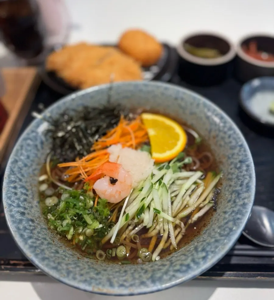 Close-up of the chewy cold soba noodles
