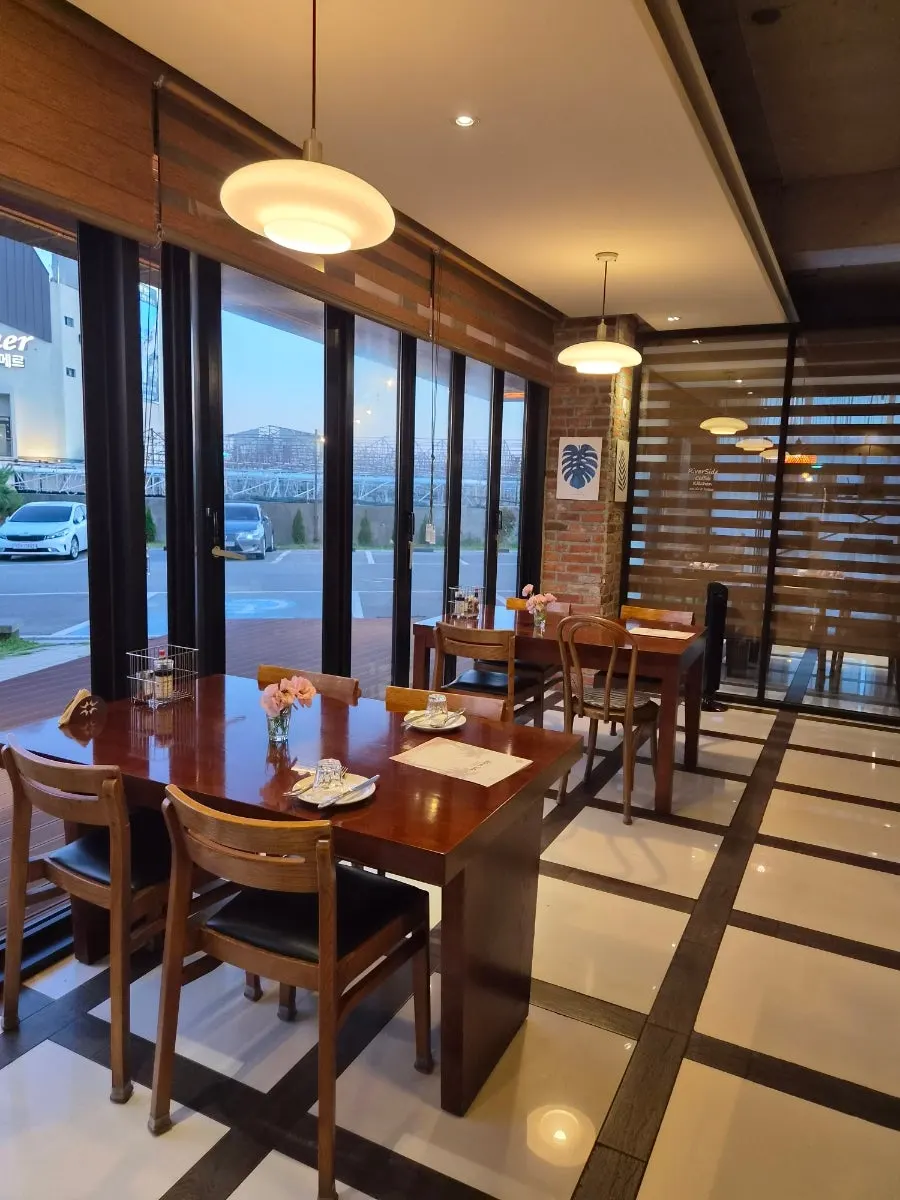 View of Riverside's outdoor area as the sun sets