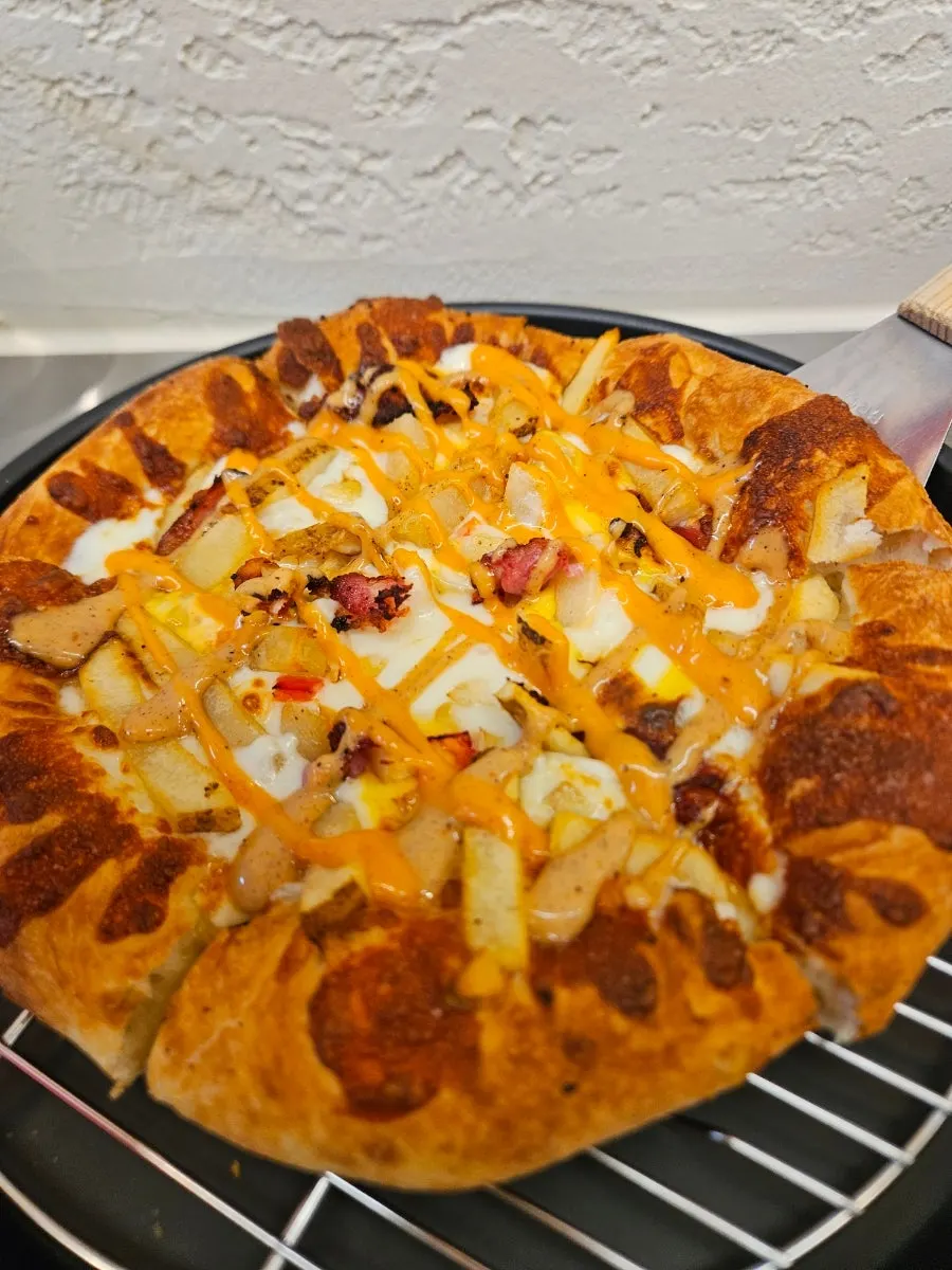 Roaster Burger's potato pizza and burger spread
